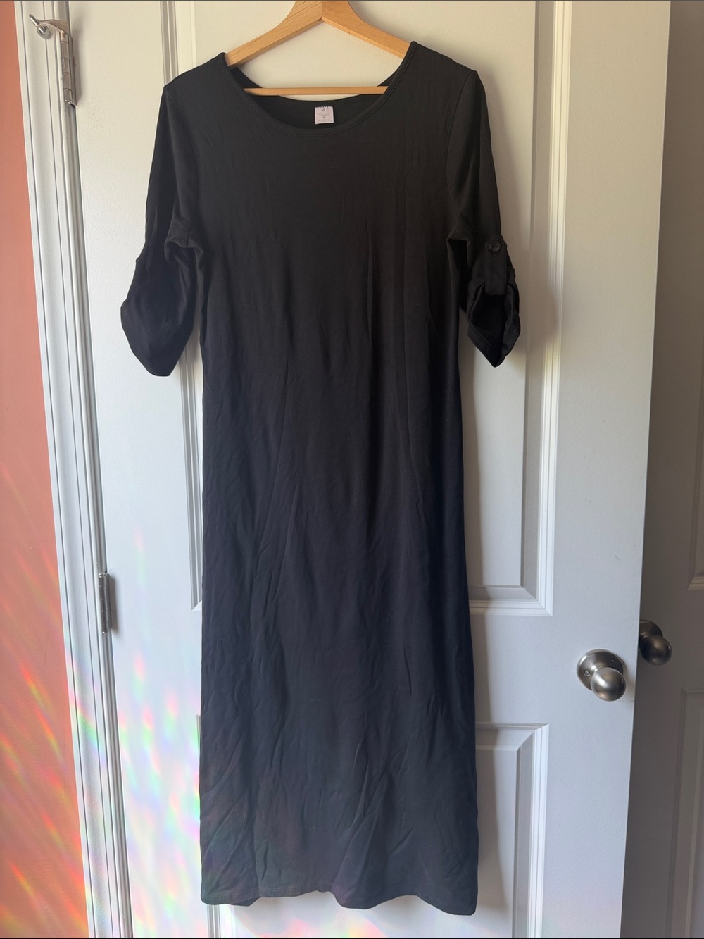 Peruvian Connection Black Maxi Dress with Roll-Tab Sleeves